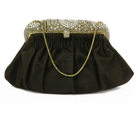 A vintage black suede evening bag,c.1940, with colourless paste stone and seed bead clasp opening to reveal a mirror and sati