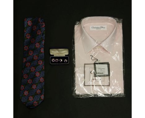 A Christian Dior 'Monsieur' pink shirt, a Christian Lacroix silk tie, with a blue ground with pink floral design, anda pair o