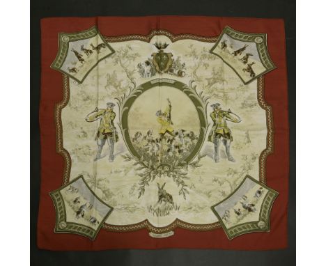 A vintage Hermès silk scarf,'Petite Venerie' designed by Charles Hall, a cream ground with a brown border and printed hunting