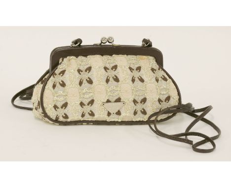 A Prada micro evening handbag,cream with pink, brown and gold metallic woven fabric, dark brown leather trim, clasp and doubl