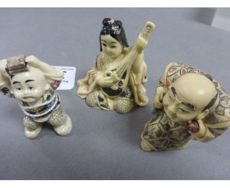 Three netsuke type carvings to include lady with instrument, boy carrying books on head and another