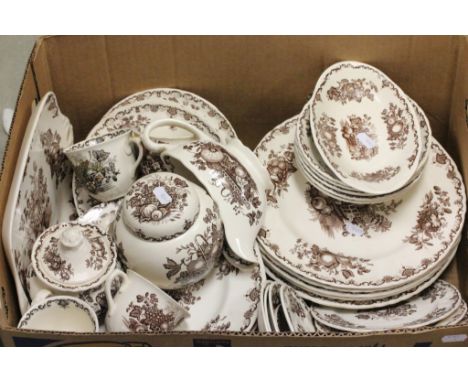 A Masons extensive part dinner and tea service; in the Fruit Basket pattern; in sepia colouring