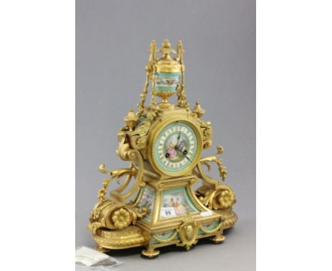 A good late 19th century French ormolou and porcelain mantle clock, with two train movement, retailed by Taylor &amp; Son, Pa