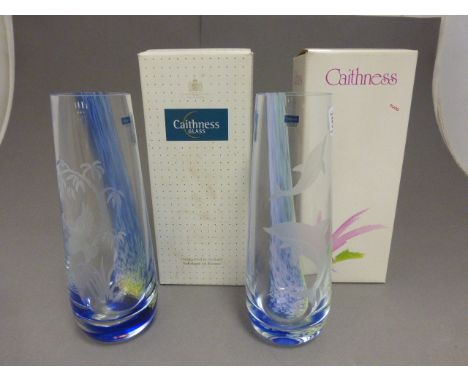 A pair of tapering Caithness vases; one etched with dolphins the other with a hummingbird in a tree; both in original boxes