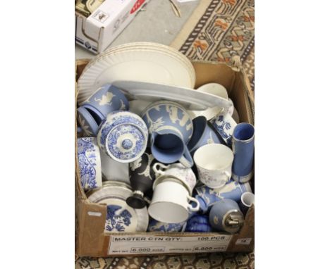 A box of various pottery and porcelain to include; Wedgwood Jasperware and a part Royal Stafford dinner and tea service