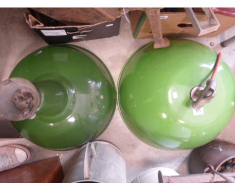 Two large vintage green enamel lights