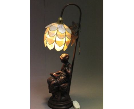 A figural table lamp of a lady seated reading a book; with a mother of pearl style shade