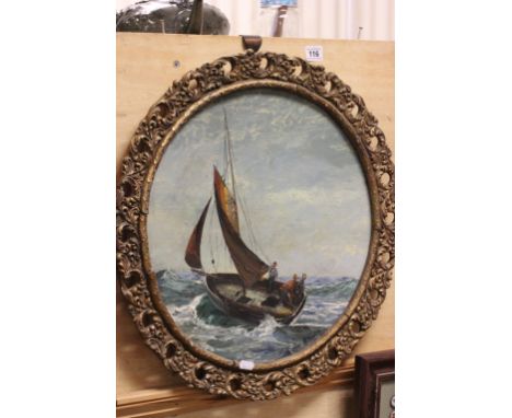 Ornate Circular Gilt Framed Oil on Panel of a Sailing Boat on rough seas. signed Charles Brison?