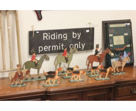 Vintage Wooden Freestanding Cut-Out Hunting Set comprising Five Mounted on Horseback Figures and Six Hounds