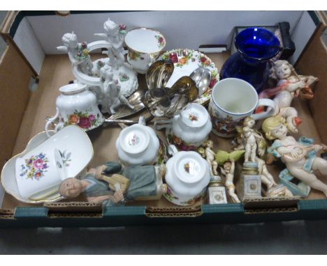 A box of various decorative china and pottery to include Royal Albert 'Old Country Roses' pattern part tea service