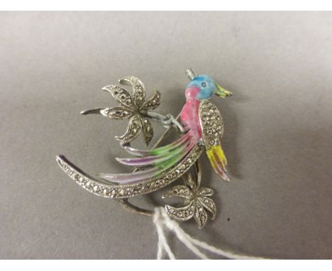 Art Deco Marcasite and Enamel Exotic Bird Brooch