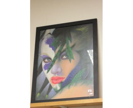 A studio framed mixed media portrait of a masked lady