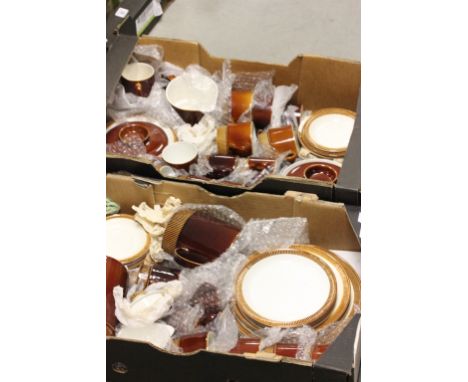 Two boxes containing extensive Poole Pottery; Brown Compact dinner and tea service
