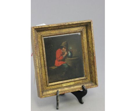 Antique oil on panel, continental tavern scene with figure drinking labelled 'Adrian Van Ostade'