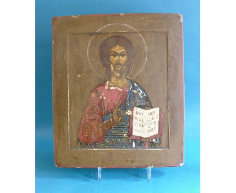 A good 19th century painted Russian Orthodox wooden panel depicting the Christ Pantocrator (Christ the Teacher); 31cm x 26cm 