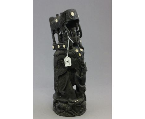 Large carved Indian ebony figure of an elephant & rider hunting a tiger