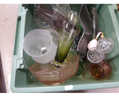 A box of various glass to include Caithness vases and atomisers etc