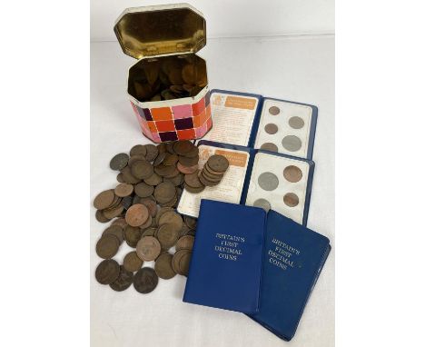 A small tin of vintage British coins mostly pennies and half pennies. Together with 4 Britain's First Decimal Coins sets. 