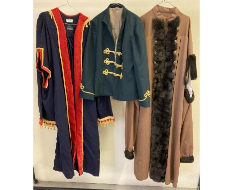 2 vintage theatre costume full length capes together with a coat with metallic thread detail. 