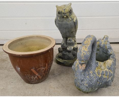 3 vintage garden pots and ornaments. A concrete owl figure, a concrete planter in the form of a swan (beak broken) and a gard