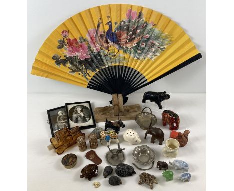 A box of assorted misc. vintage items to include ceramic &amp; wood animal figures, wooden book ends and glass Avon perfume b