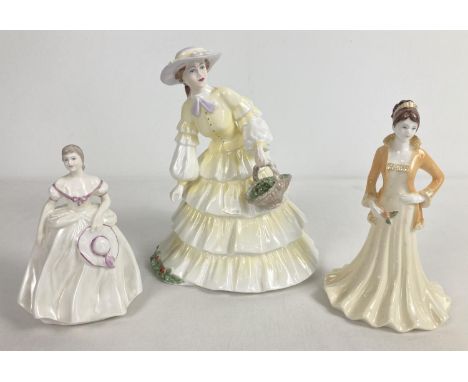 3 Coalport ceramic figurines. Strawberry Fayre from The Ladies of Fashion range in yellow colourway (approx. 19cm tall), Debu