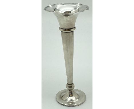 A vintage Dutch silver spill vase with tapered stem and scalloped rim. Stamped with sword mark and indistinct makers mark. Ap