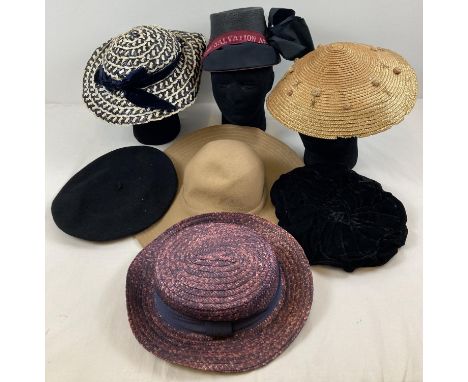 7 assorted vintage hats in assorted colours and designs to include Kangol beret and Salvation Army bonnet. 