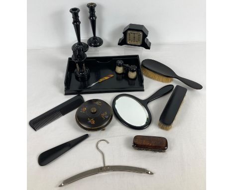 A collection of assorted vintage vanity items. To include ebony brush &amp; mirror set, ebony dressing table/vanity items, ba