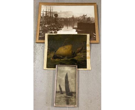3 vintage boating pictures. An antique oil on canvas - shows signs of damage (approx. 38.5cm x 43.5cm); a large framed photog