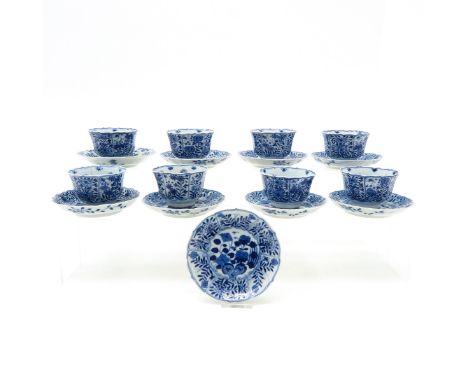 China, blue and white decor, including 9 saucers and 8 cups, saucers are 12 cm. in diameter, in diverse conditions.