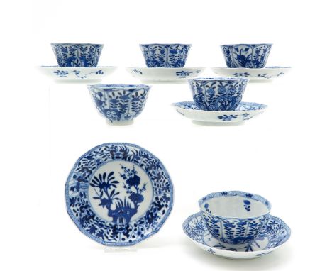 China, blue and white decor, including 6 cups and 6 saucers, saucers are 14 cm. in diameter, in diverse conditions.