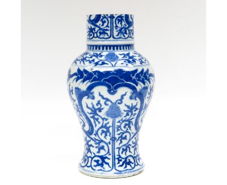 Blue and white decor, marked with double ring on the bottom, top has been cut down and hole in bottom probably for conversion