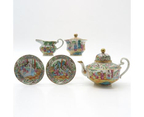 5 piece Canton service, teapot is 21 cm. tall, chip.