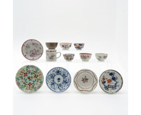12 cups and saucers, cups are 6 cm. tall, chip and hairline.