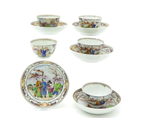 5 cups and saucers, 12 cm. in diameter, chip and hairline.