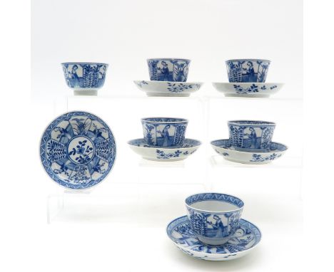 6 Sets of cups and saucers, blue and white decor, marked with double ring and 4 characters on the bottom, 13 cm. in diameter,
