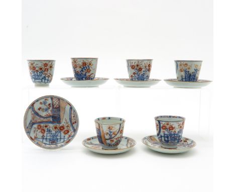 6 Imari decor cups and saucers, 14 cm. in diameter, restored.