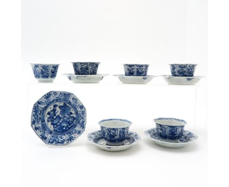 China, 6 cups and saucers, Blue and white decor, 13 cm. in diameter, chip and hairline. 
