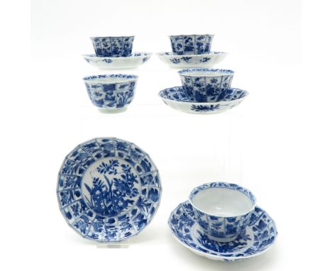 5 sets of cups and saucers, blue and white decor, marked on the bottom, 14 cm. in diameter, chip and hairline.