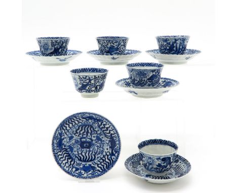 6 cups and saucers, blue and white decor, 13 cm. in diameter, chip. 