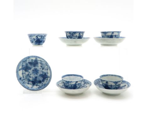 China, including 5 cups and 5 saucers, blue and white decor, saucers are 8 cm. in diameter, chip and hairline.