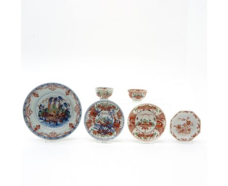 6 polychrome decor cups and saucers, largest is 17 cm. in diameter, hairline.