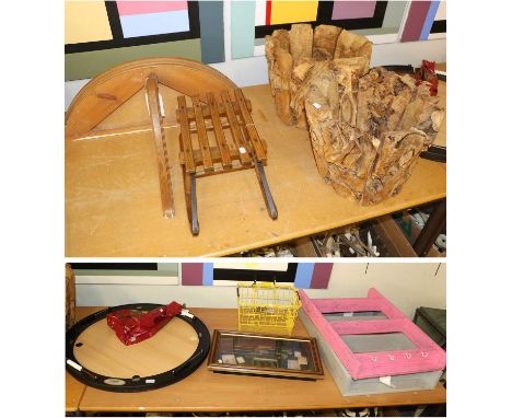 A Vintage Slated Wooden Childs Sledge, a pair of driftwood waste paper bins, a console table, a golfing diorama, a ''Bobbin''