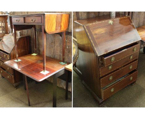An Edwardian Feather-Banded and Inlaid Mahogany Bureau, 68cm by 46cm by 104cm, together with a Georgian drop leaf breakfast t