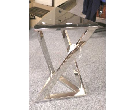 A Modernist Chromed and Black Lacquer Topped Triangular Lamp Table, 44cm by 38cm by 66cmGood overall condition. Very minimal 
