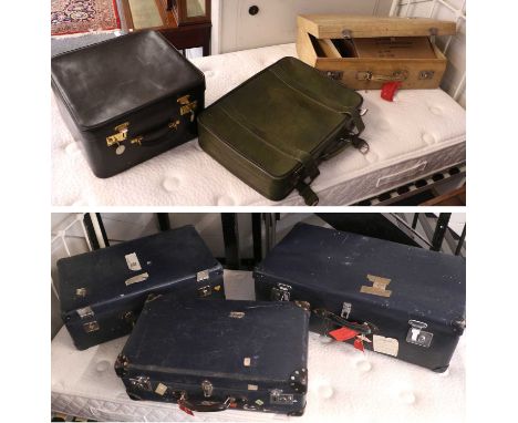 A Harrods of London Ladies Black Leather Travelling Case, a green leather suitcase containing a small quatity of cameras, tog