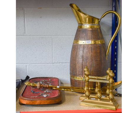 A Brass Mounted Stained Oak Milk Jug, a Victorian beadwork foot stool and various fire tools