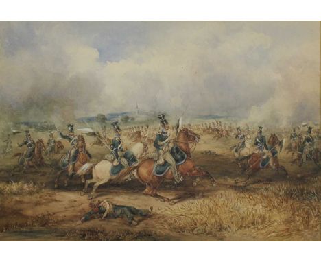 Follower of Henry Martens (1790-1868)A cavalry chargeWatercolour hightened with white, 33cm by 48cmOverall good condition. Tw