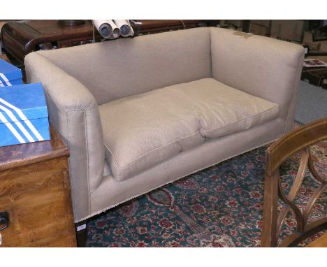 A Mahogany Framed Two Seater Feather Filled Sofa, makers J &amp; T Scott, Edinburgh, 134cm by 64cm by 80cmSeat height 50cm, 9